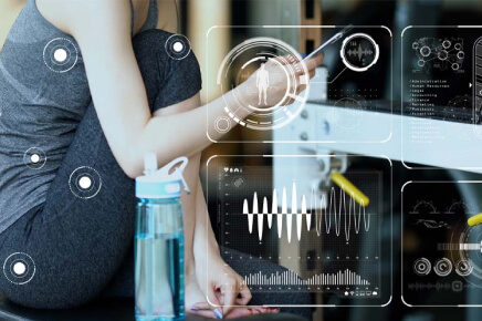 Female sitting with water bottle next to her and overlay of scientific diagrams